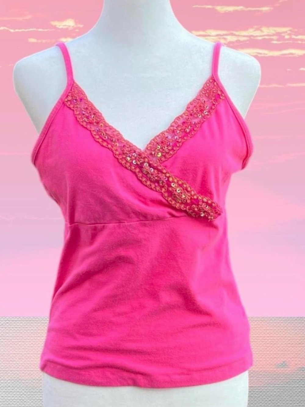 Y2K Pink Sequin Trim Spaghetti Strap Cami Top
